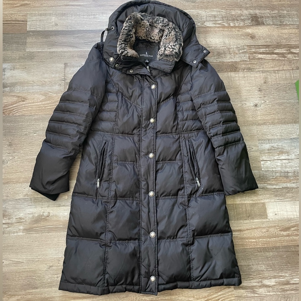 London Fog Black Long Quilted Puffer Coat with Faux-Fur Hood